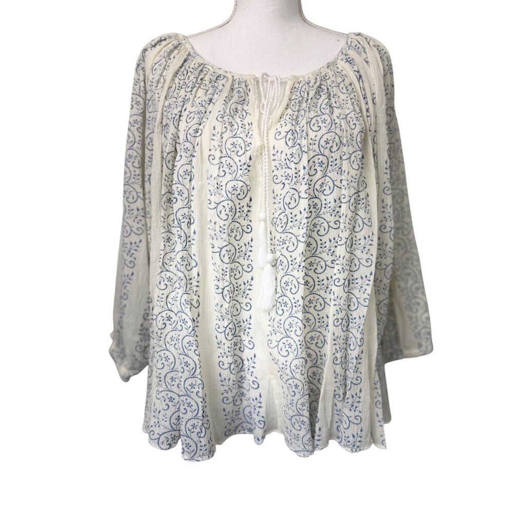 True Religion Womens Boho Top S Blue & White Trellis Print With Princess Seams - Picture 1 of 16